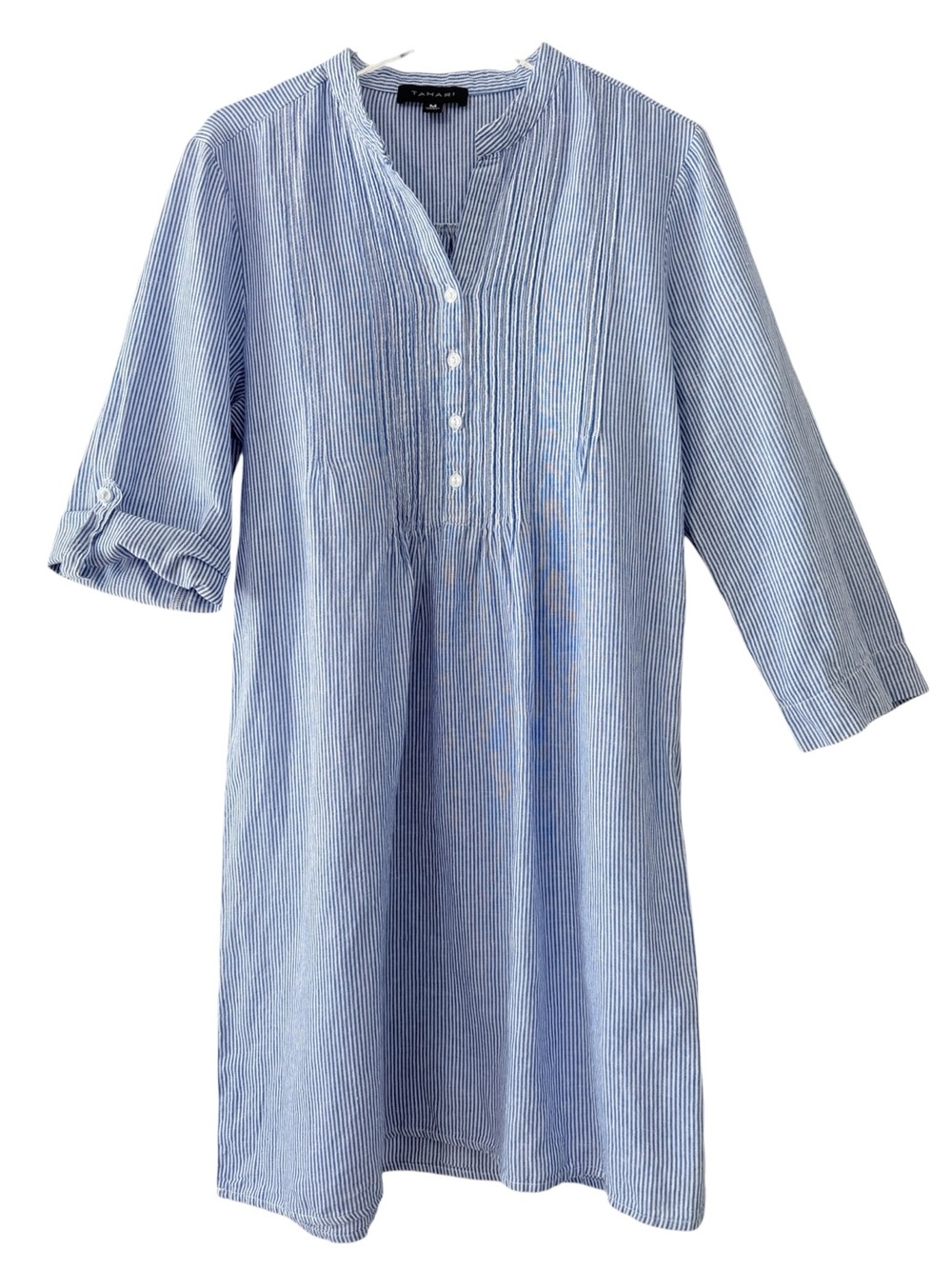 Linen Blue Ticking Striped Pin-tuck Pleats Tunic Dress Size Medium